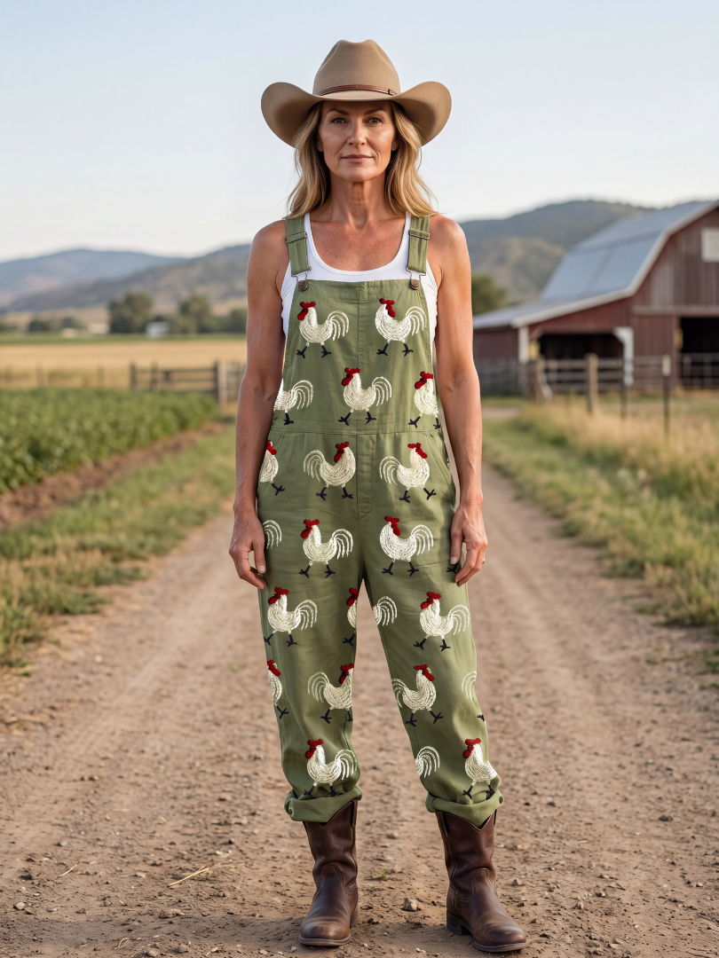 Sage green rooster embroidered dungaree jumpsuit, front view