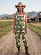 Sage green rooster embroidered dungaree jumpsuit, front view