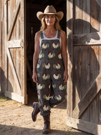 Rooster embroidered jumpsuit, walking angle