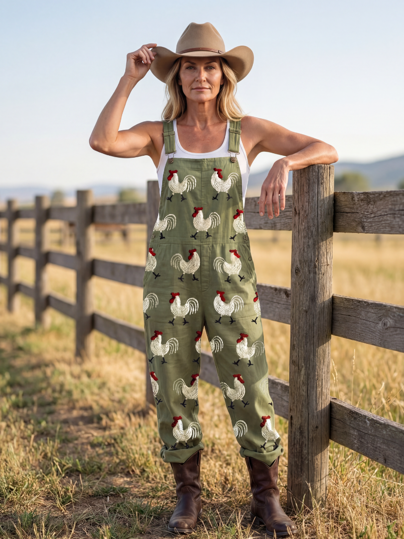 Rooster embroidered jumpsuit styled by fence, front
