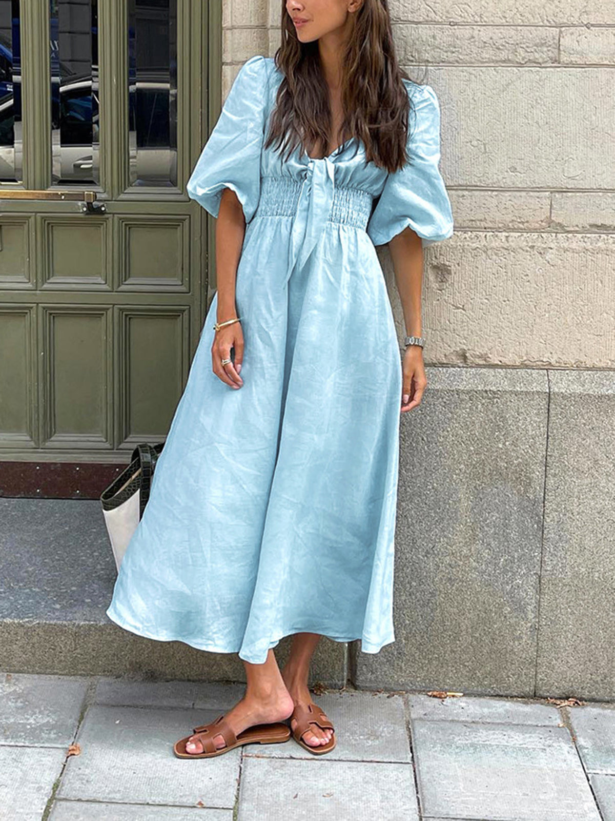 Effortless Linen-Cotton Front-Tie Midi Dress
