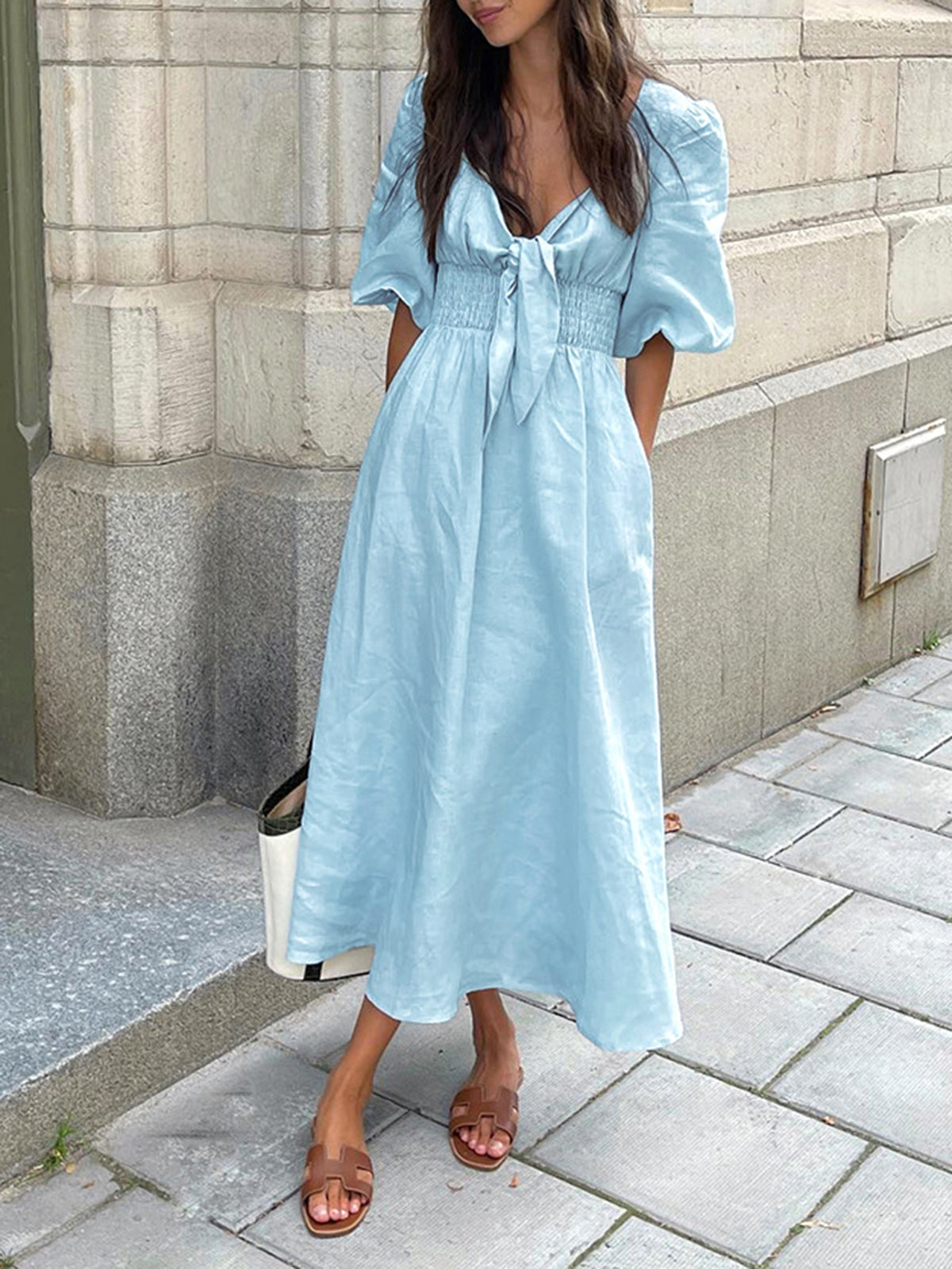 Effortless Linen-Cotton Front-Tie Midi Dress