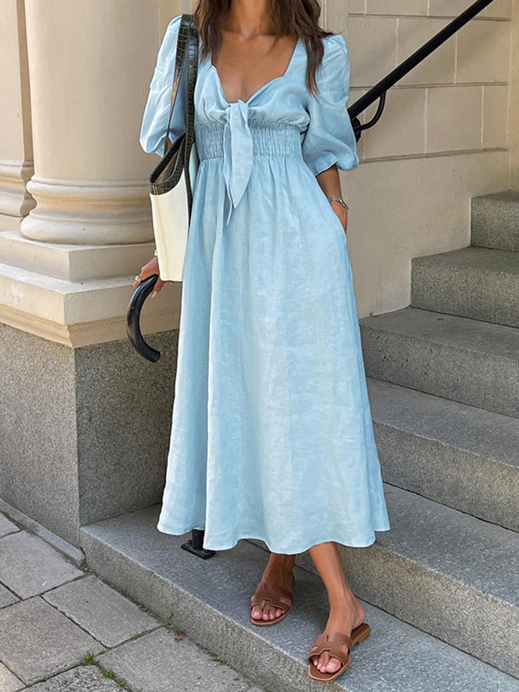 Effortless Linen-Cotton Front-Tie Midi Dress