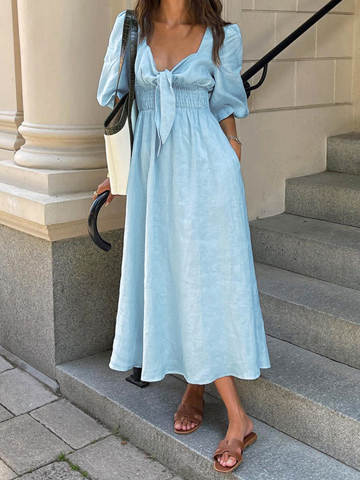 Effortless Linen-Cotton Front-Tie Midi Dress
