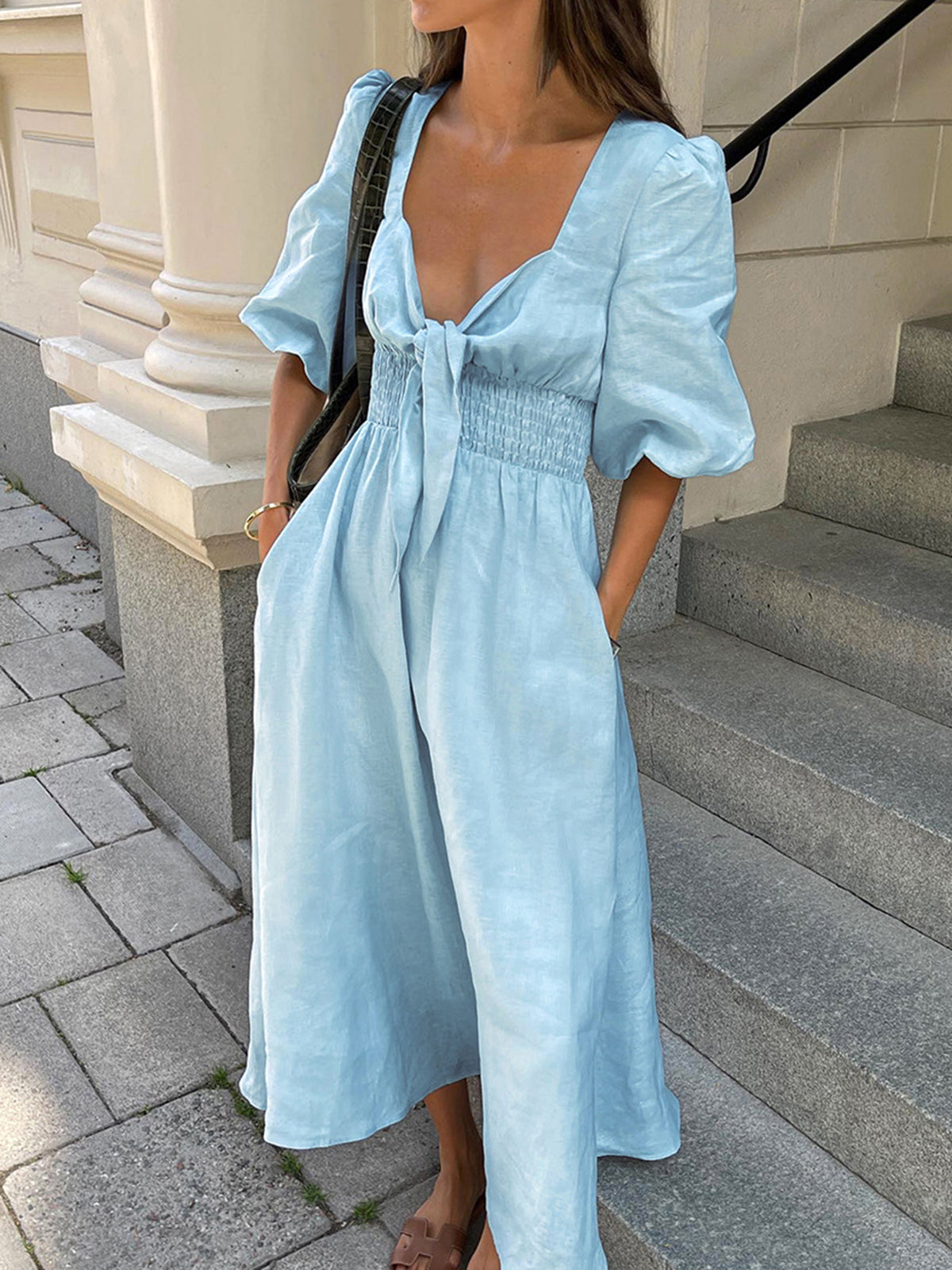 Effortless Linen-Cotton Front-Tie Midi Dress