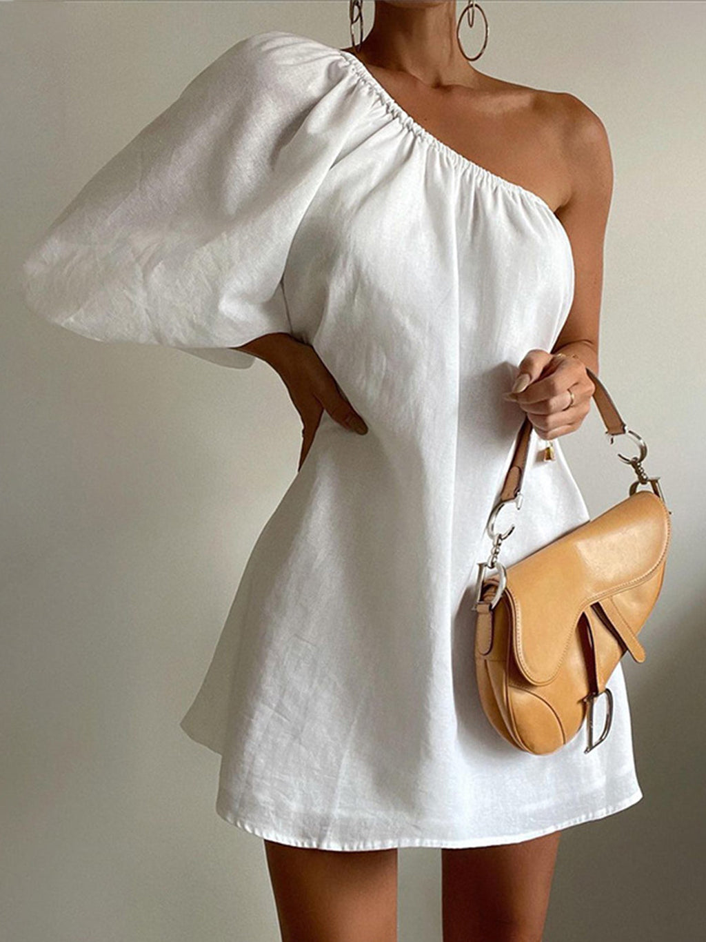 Aegean Cotton-Linen One-Sleeve Short Dress – Effortless Summer Chic