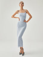 Ribbed Draped Mesh Tank Maxi Dress with Slit