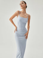 Ribbed Draped Mesh Tank Maxi Dress with Slit