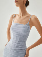 Ribbed Draped Mesh Tank Maxi Dress with Slit