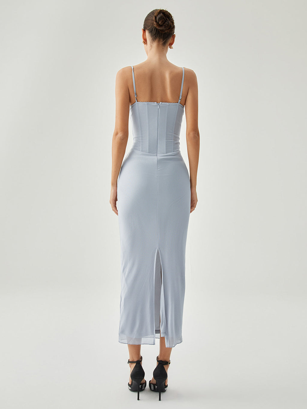 Ribbed Draped Mesh Tank Maxi Dress with Slit