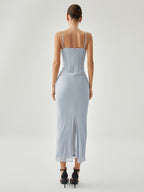 Ribbed Draped Mesh Tank Maxi Dress with Slit