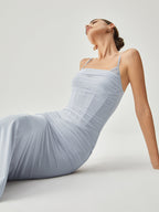 Ribbed Draped Mesh Tank Maxi Dress with Slit