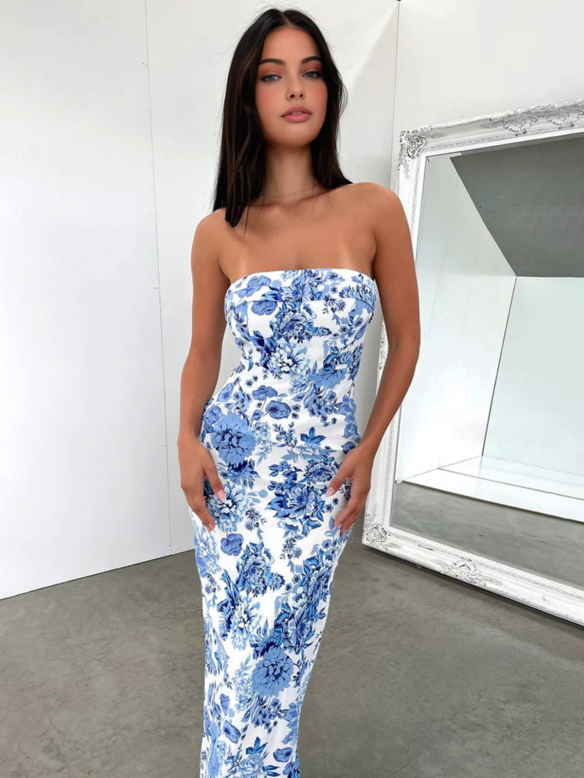 Multi-Flower Print Maxi Dress with Side Split