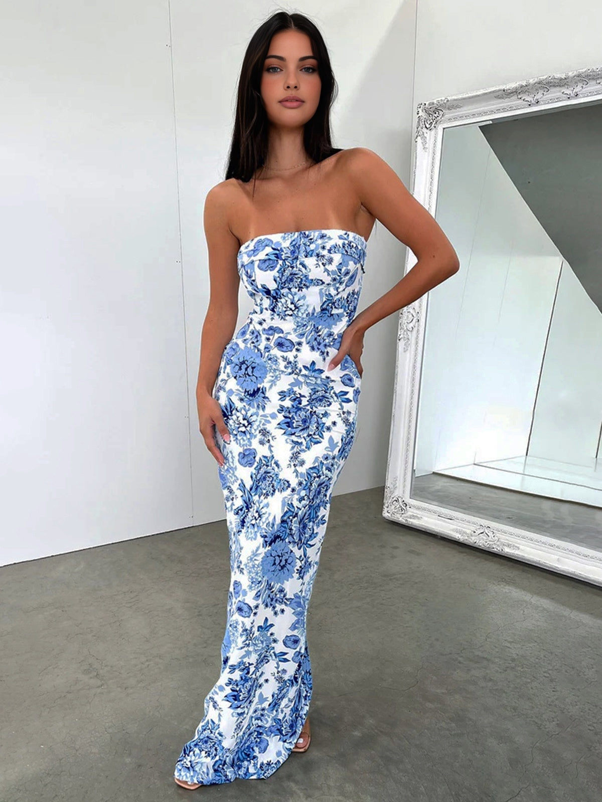 Multi-Flower Print Maxi Dress with Side Split