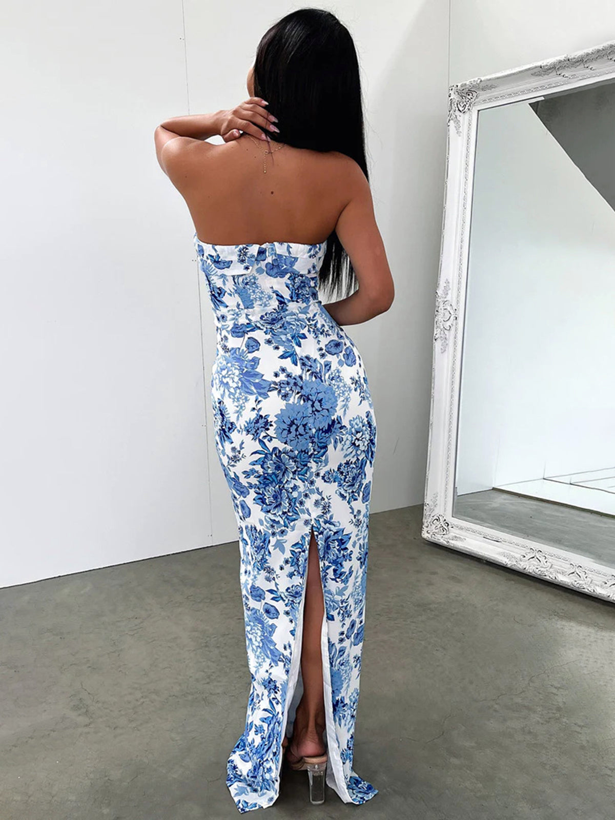 Multi-Flower Print Maxi Dress with Side Split
