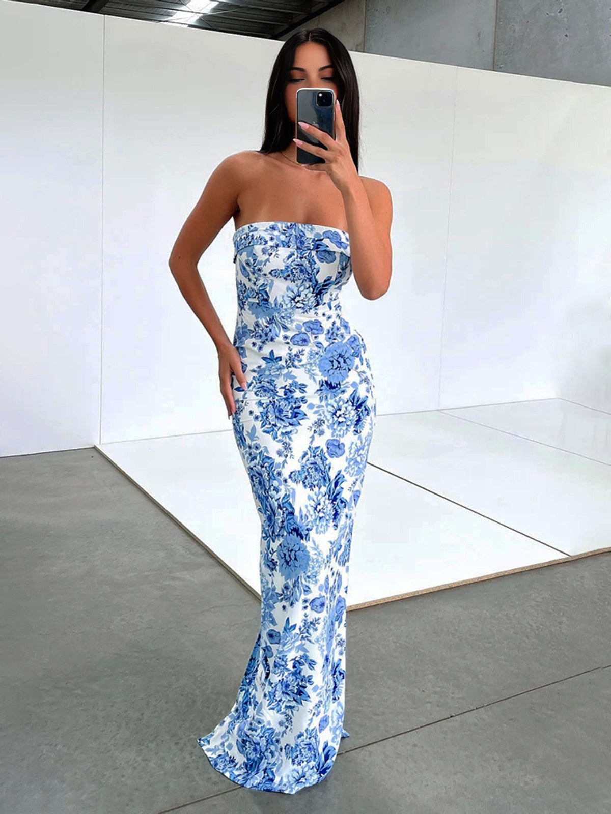 Multi-Flower Print Maxi Dress with Side Split