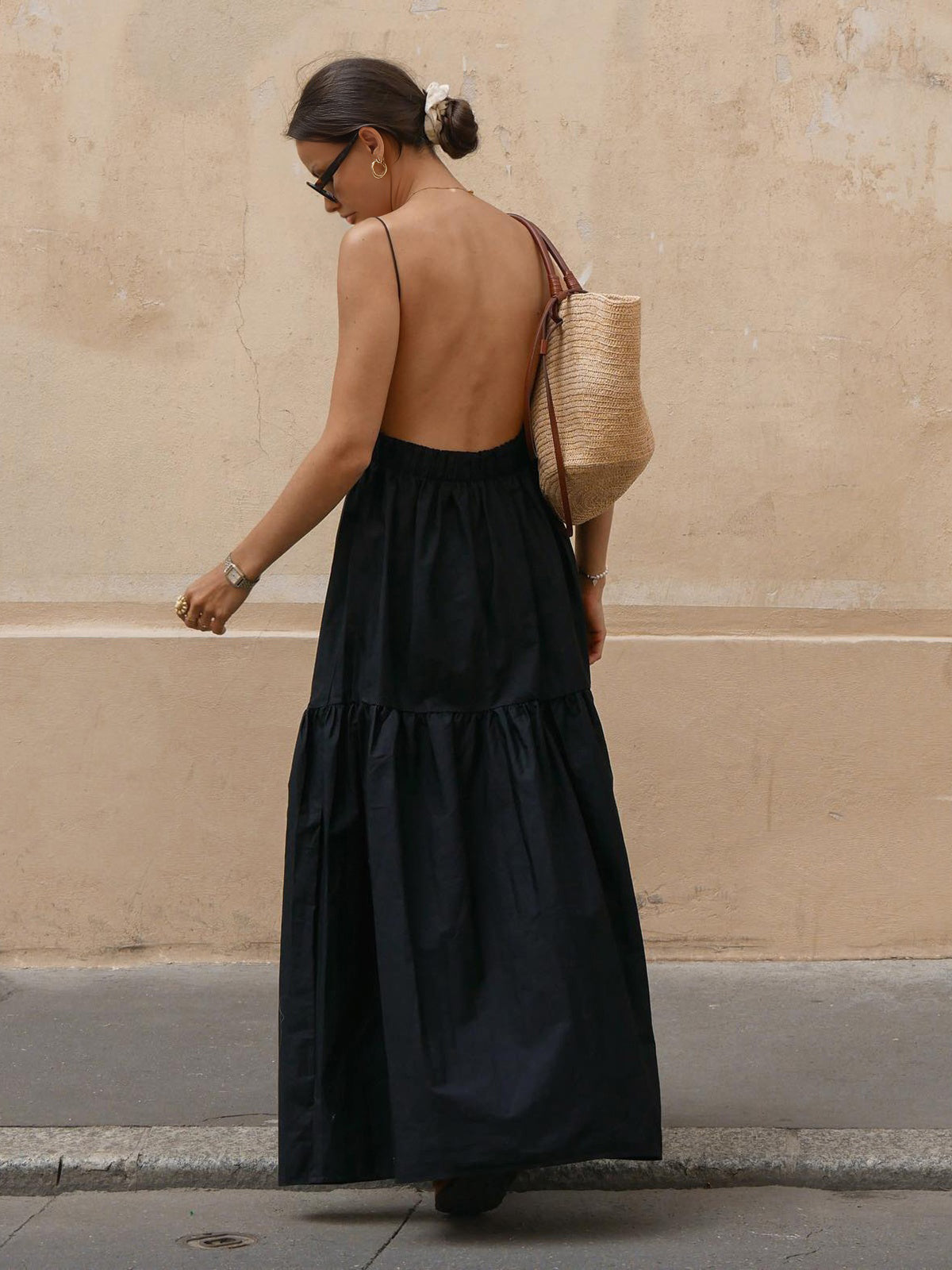 Elegant Solid Backless Maxi Dress