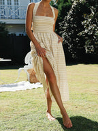 Chic Country Plaid Halter Maxi Dress with Criss-Cross Back