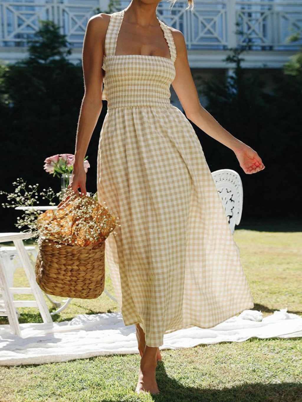 Chic Country Plaid Halter Maxi Dress with Criss-Cross Back
