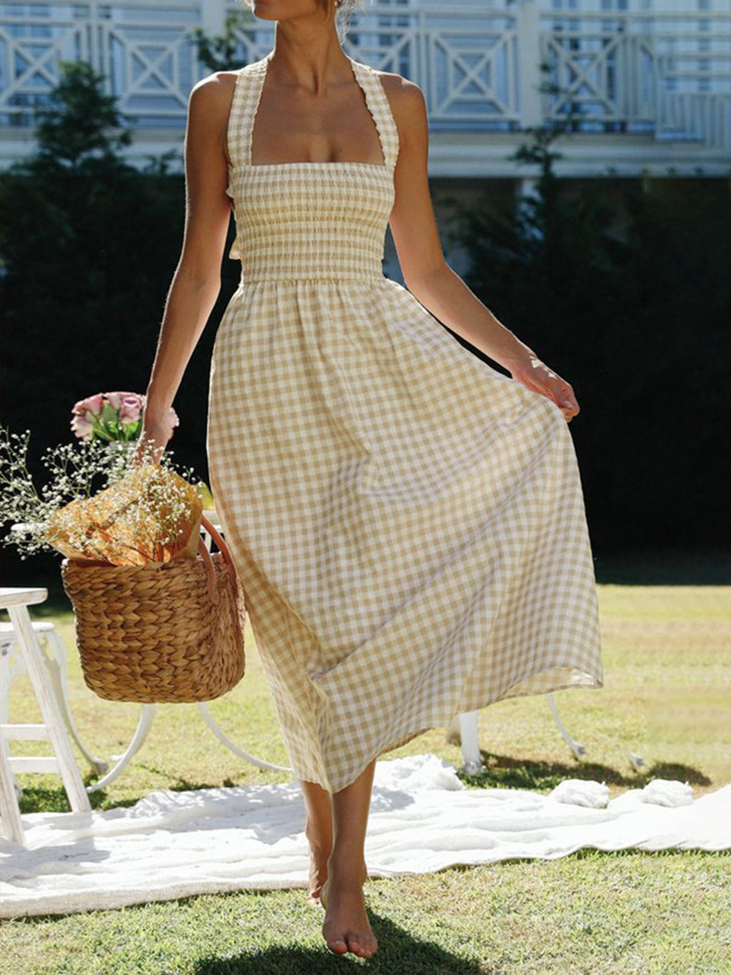 Chic Country Plaid Halter Maxi Dress with Criss-Cross Back