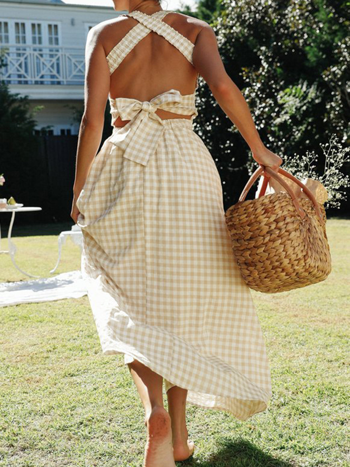 Chic Country Plaid Halter Maxi Dress with Criss-Cross Back