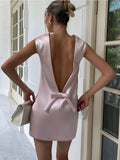 Glam Satin Backless Short Dress with Bow Detail