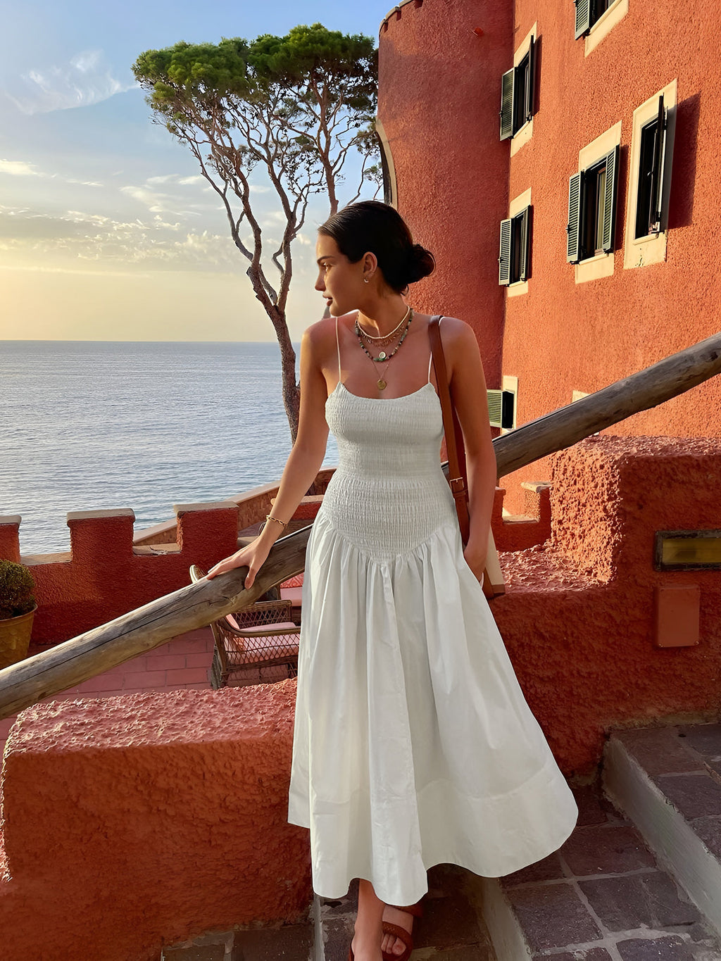 Effortless Shirred Cotton-Blend Camisole Midi Dress