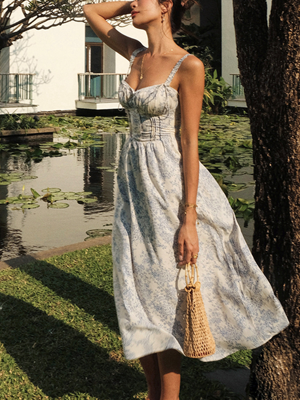 Sapphire Garden Floral Cami Midi Dress with Spaghetti Straps