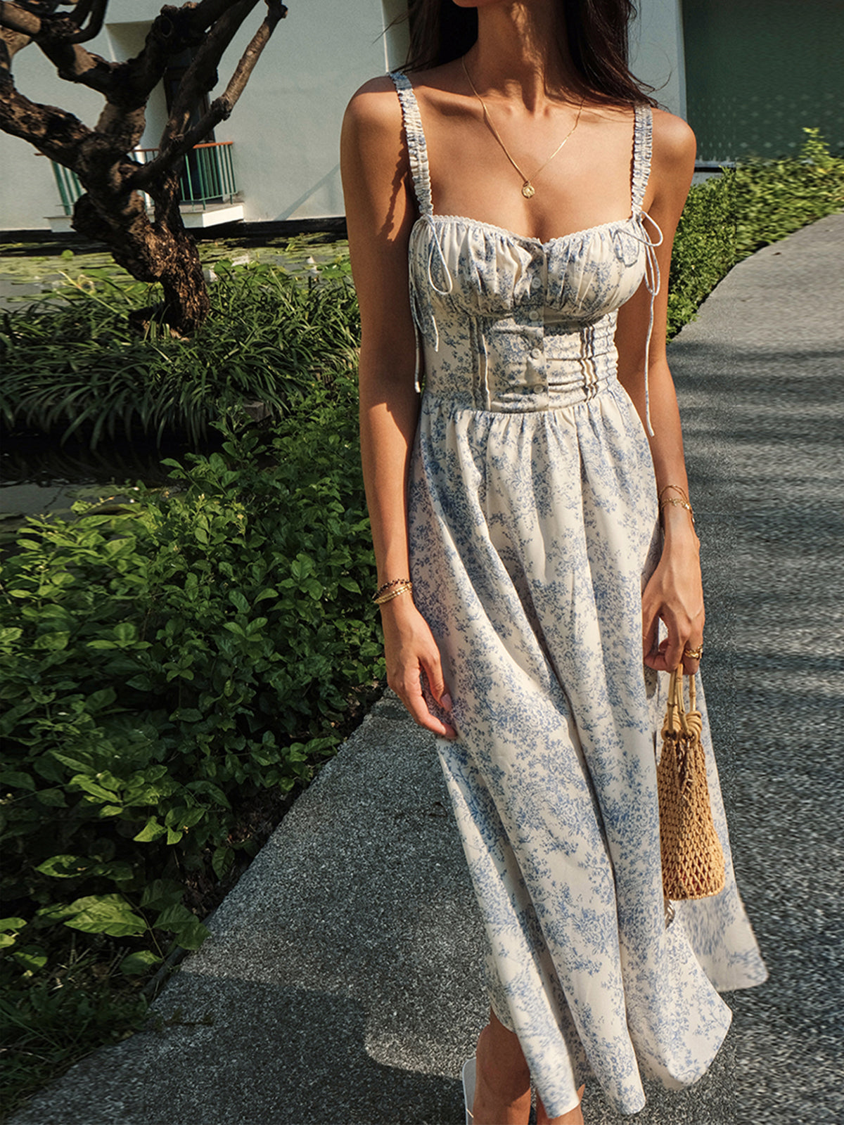 Sapphire Garden Floral Cami Midi Dress with Spaghetti Straps