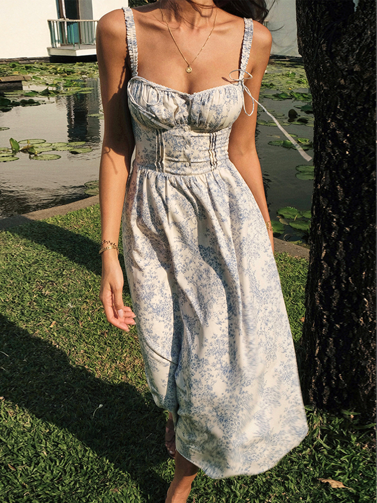 Sapphire Garden Floral Cami Midi Dress with Spaghetti Straps