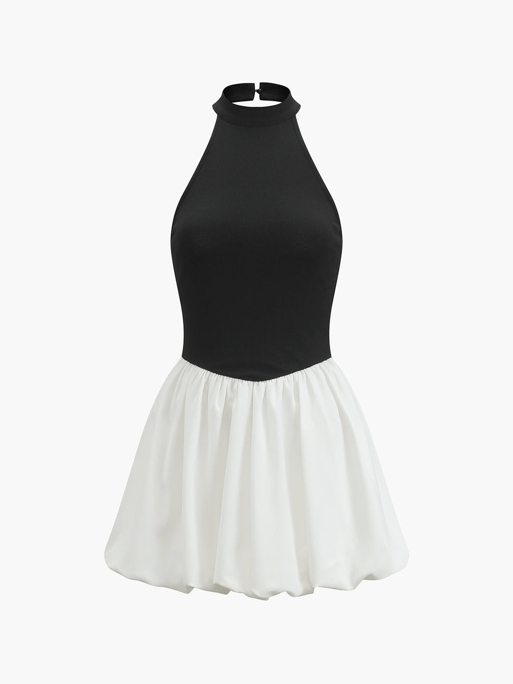 Two-Tone Halter Puff-Sleeve Mini Dress