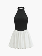 Two-Tone Halter Puff-Sleeve Mini Dress