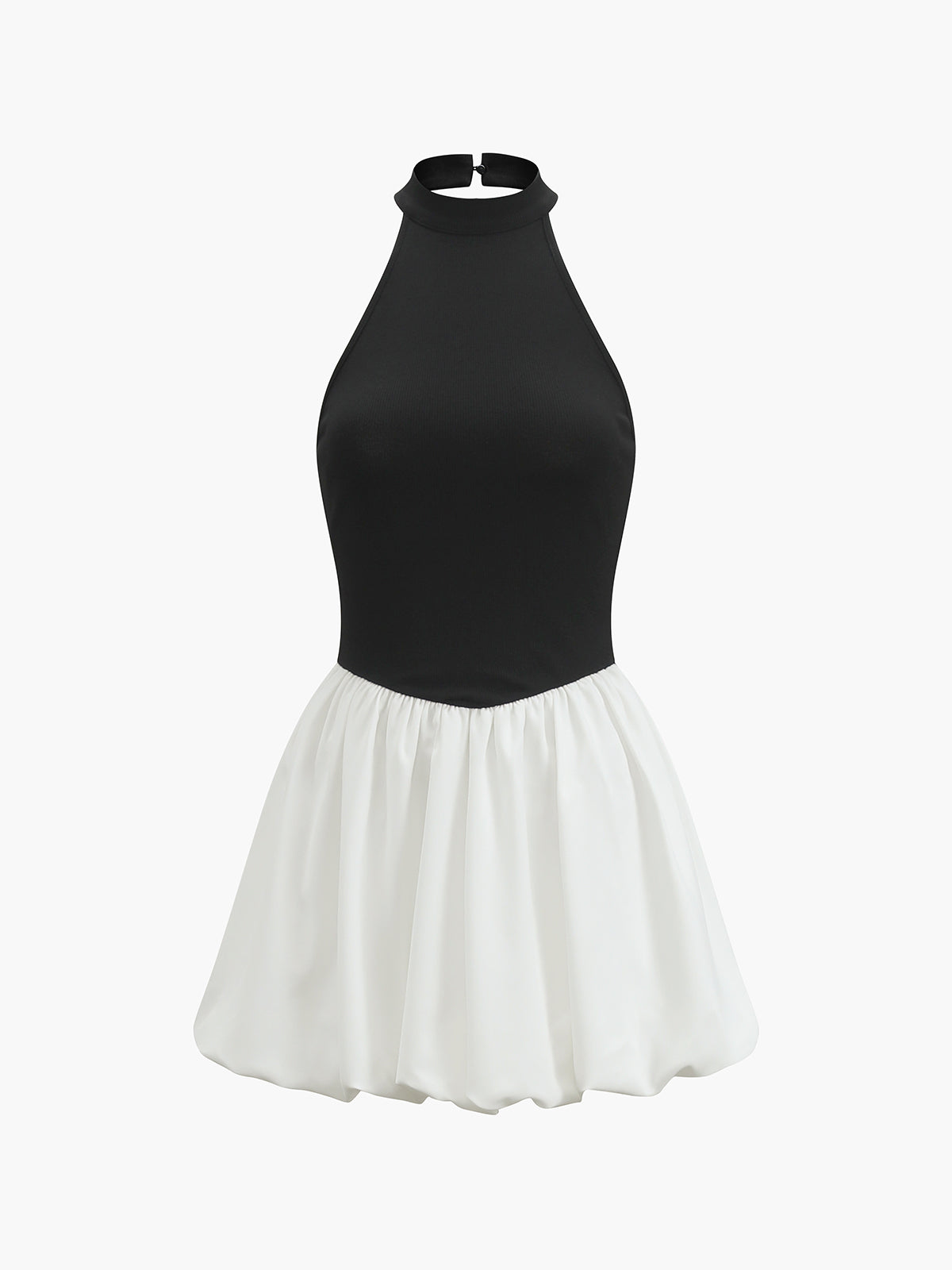 Two-Tone Halter Puff-Sleeve Mini Dress