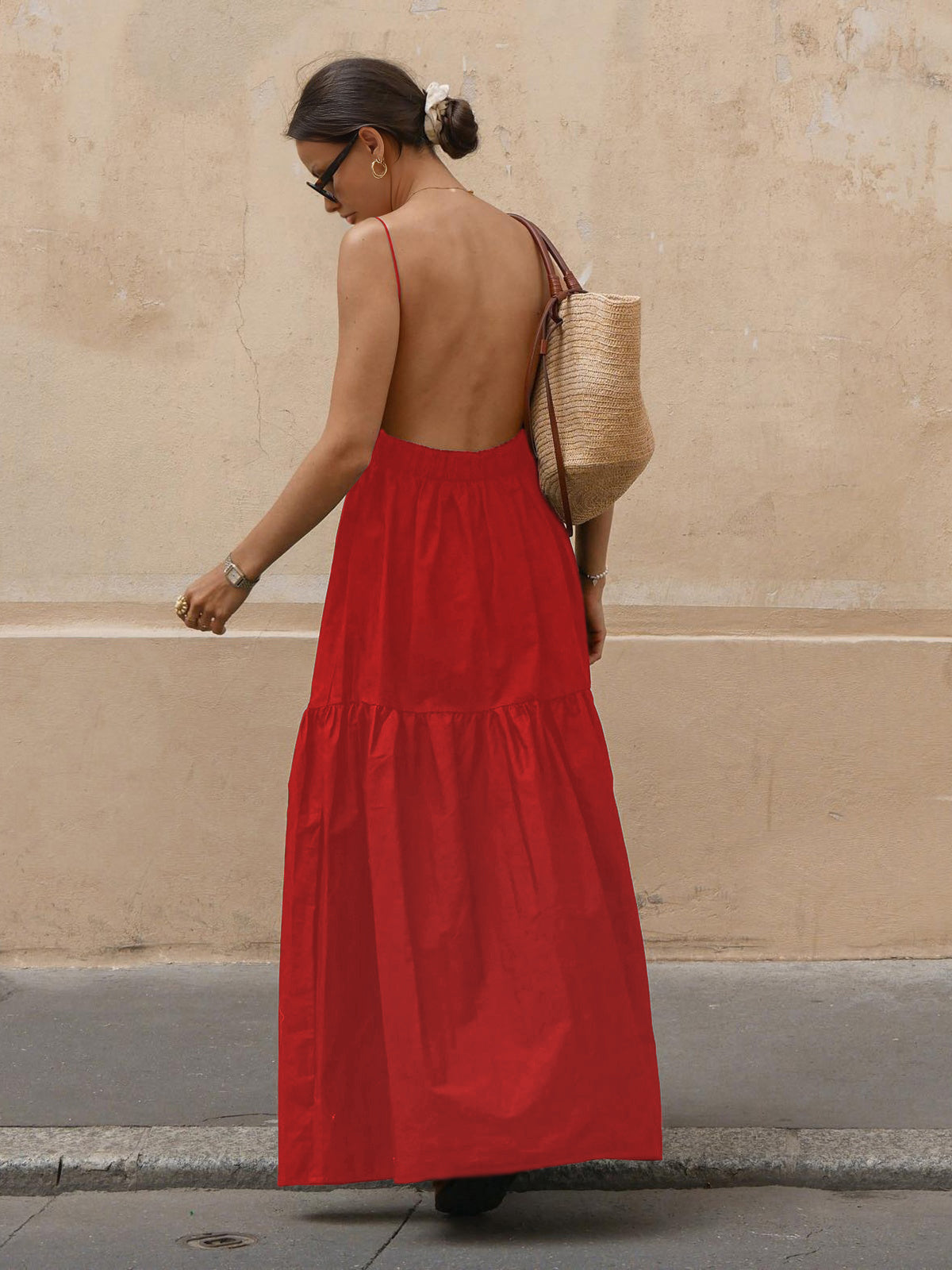 Elegant Solid Backless Maxi Dress