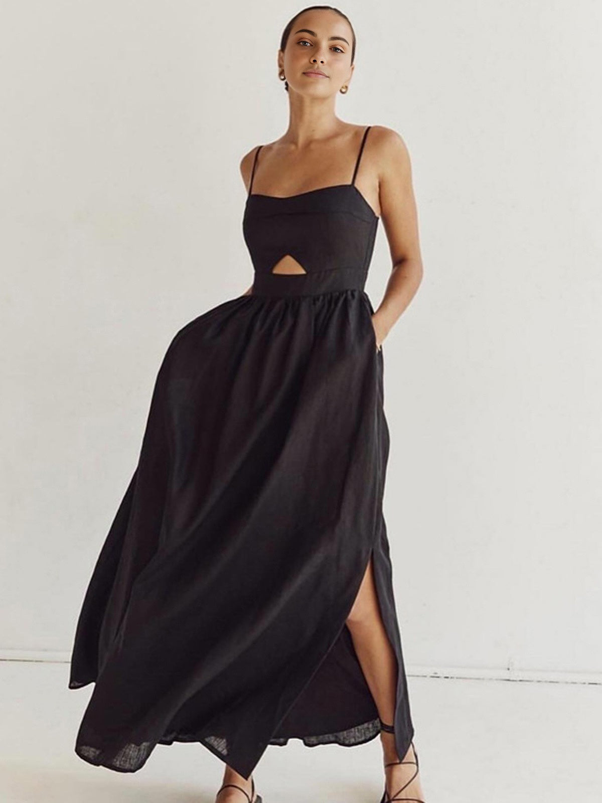 Cotton Sleeveless Long Dress with Pockets and Cutout Details