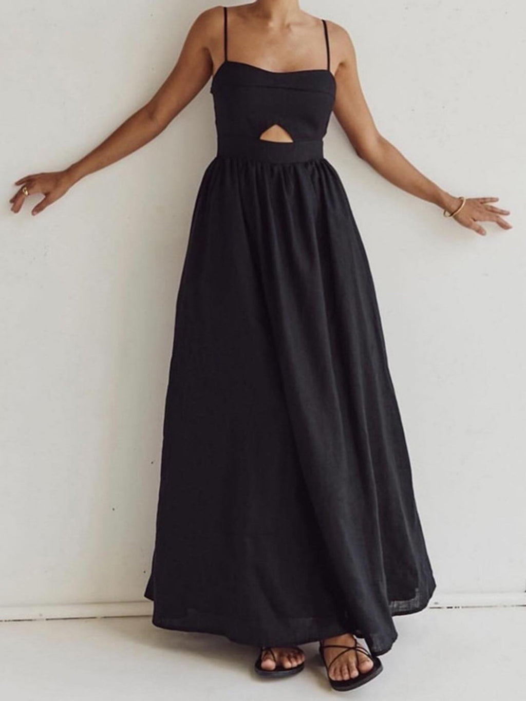 Cotton Sleeveless Long Dress with Pockets and Cutout Details