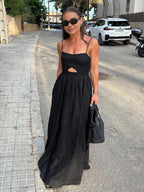 Cotton Sleeveless Long Dress with Pockets and Cutout Details