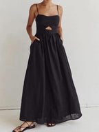 Cotton Sleeveless Long Dress with Pockets and Cutout Details