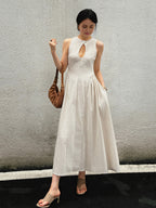 Breathable Cotton & Linen Pleated Maxi Dress with Cutout Detailing