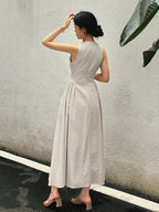 Breathable Cotton & Linen Pleated Maxi Dress with Cutout Detailing
