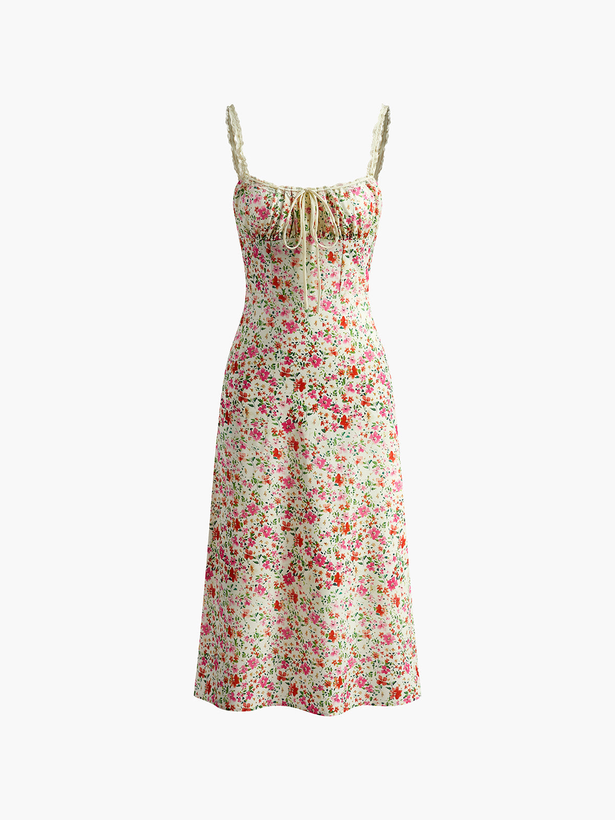 Floral-Print Trim Cami Midi Dress with Flowy Silhouette