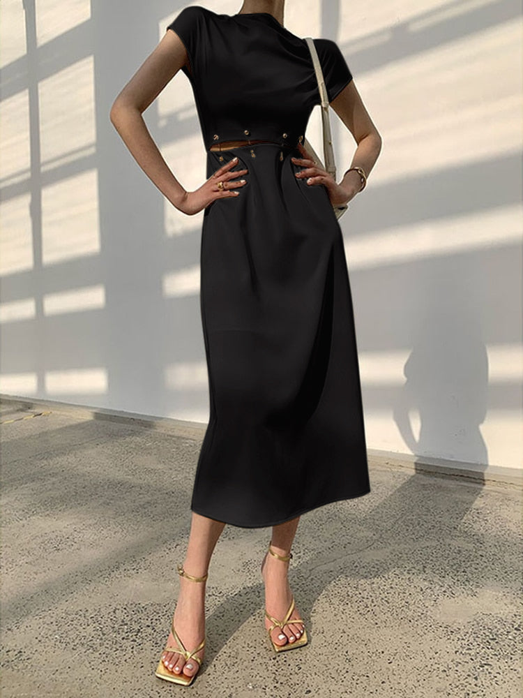 Cap-Sleeve Cutout Midi Dress - Modern, Flattering Silhouette