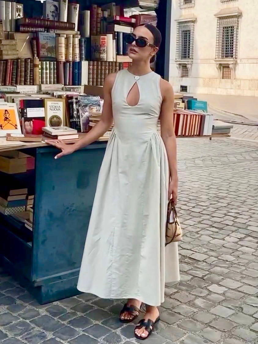 Breathable Cotton & Linen Pleated Maxi Dress with Cutout Detailing