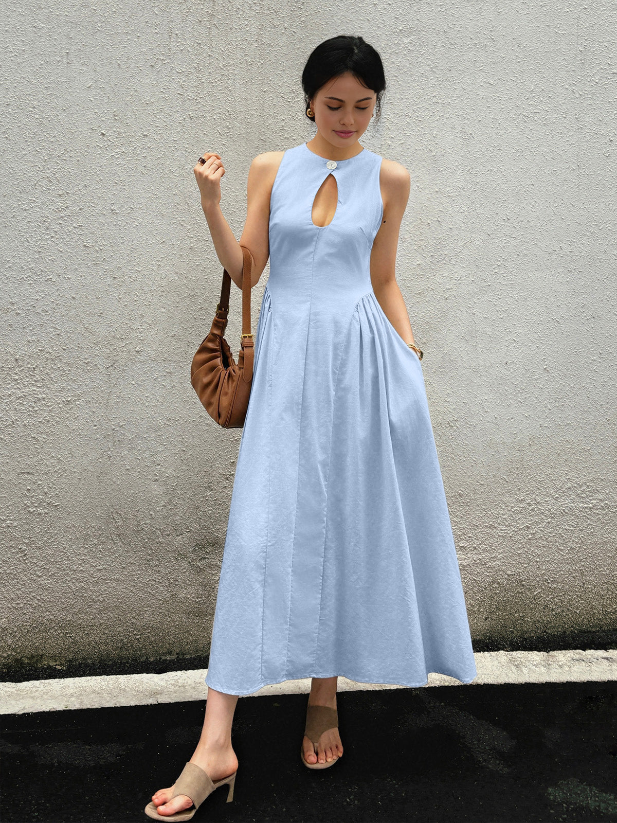 Breathable Cotton & Linen Pleated Maxi Dress with Cutout Detailing