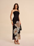 Semi-Sheer Strapless Dress in Ruched Floral Mesh