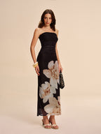 Semi-Sheer Strapless Dress in Ruched Floral Mesh