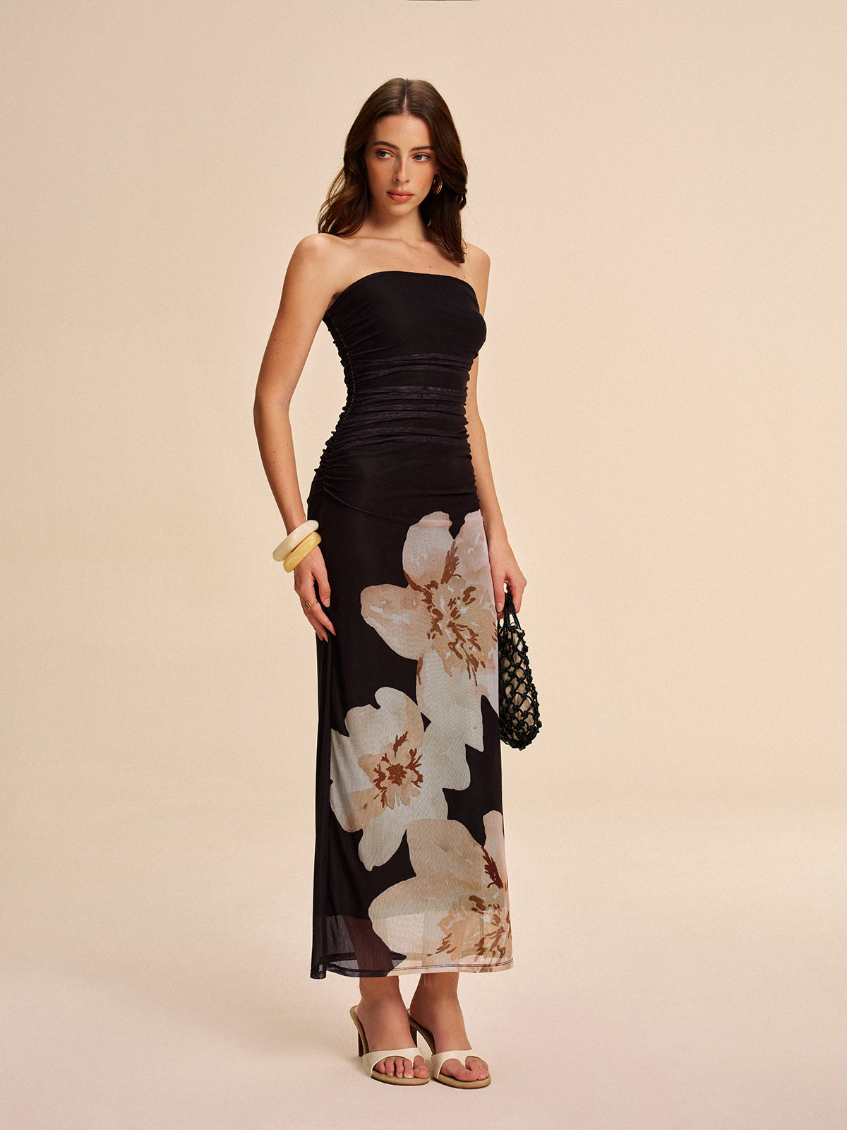 Semi-Sheer Strapless Dress in Ruched Floral Mesh
