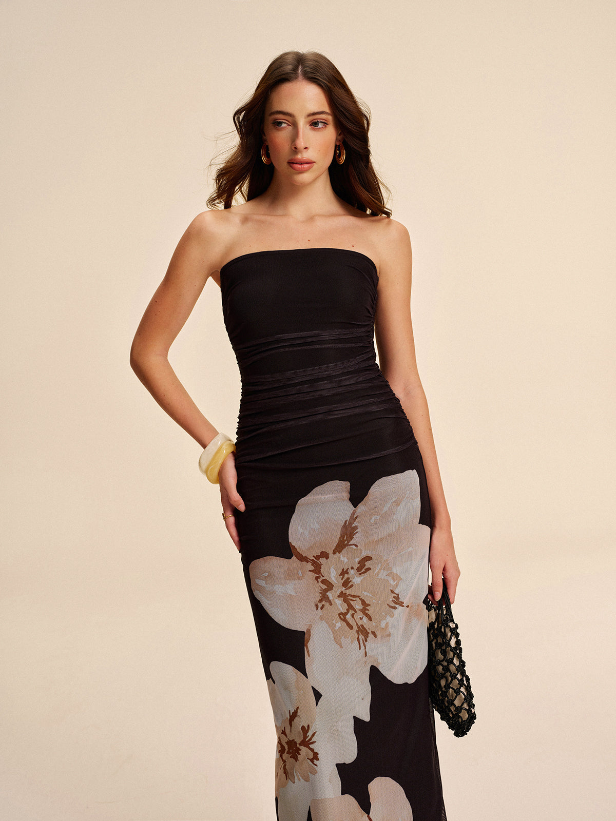 Semi-Sheer Strapless Dress in Ruched Floral Mesh