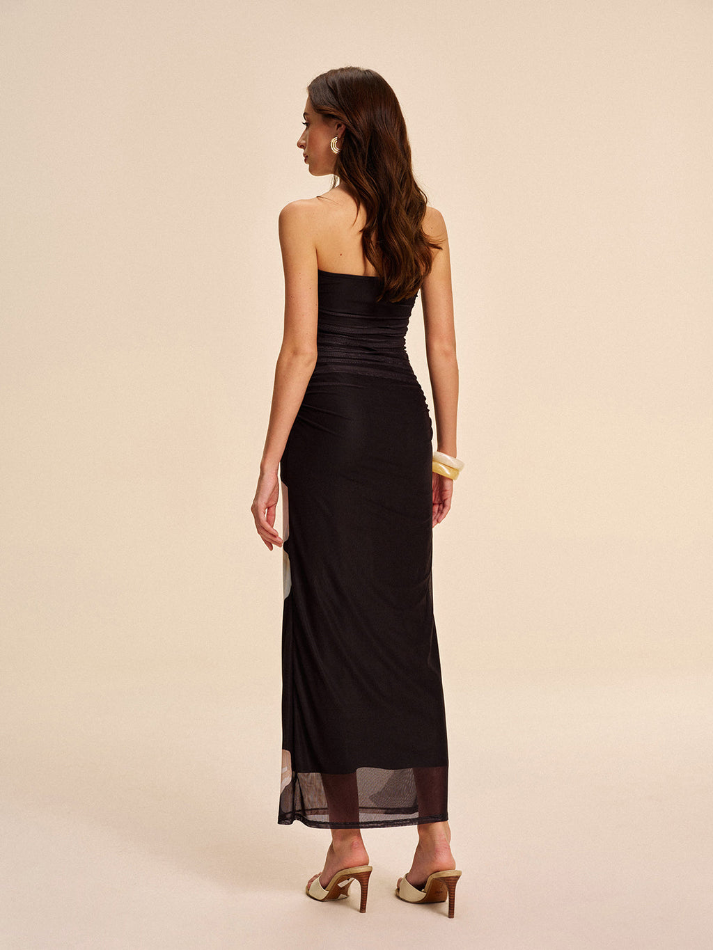 Semi-Sheer Strapless Dress in Ruched Floral Mesh
