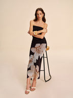 Semi-Sheer Strapless Dress in Ruched Floral Mesh